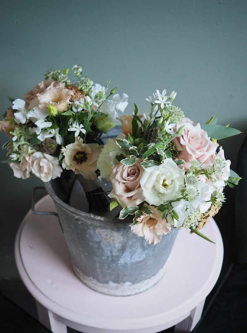 blush pink and white brieesmaids wedding flower bouquets for a barn wedding in berkshire