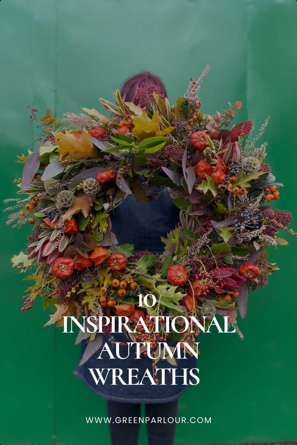 10 inspirational autumn wreaths on a bold green background with a large orange door wreath